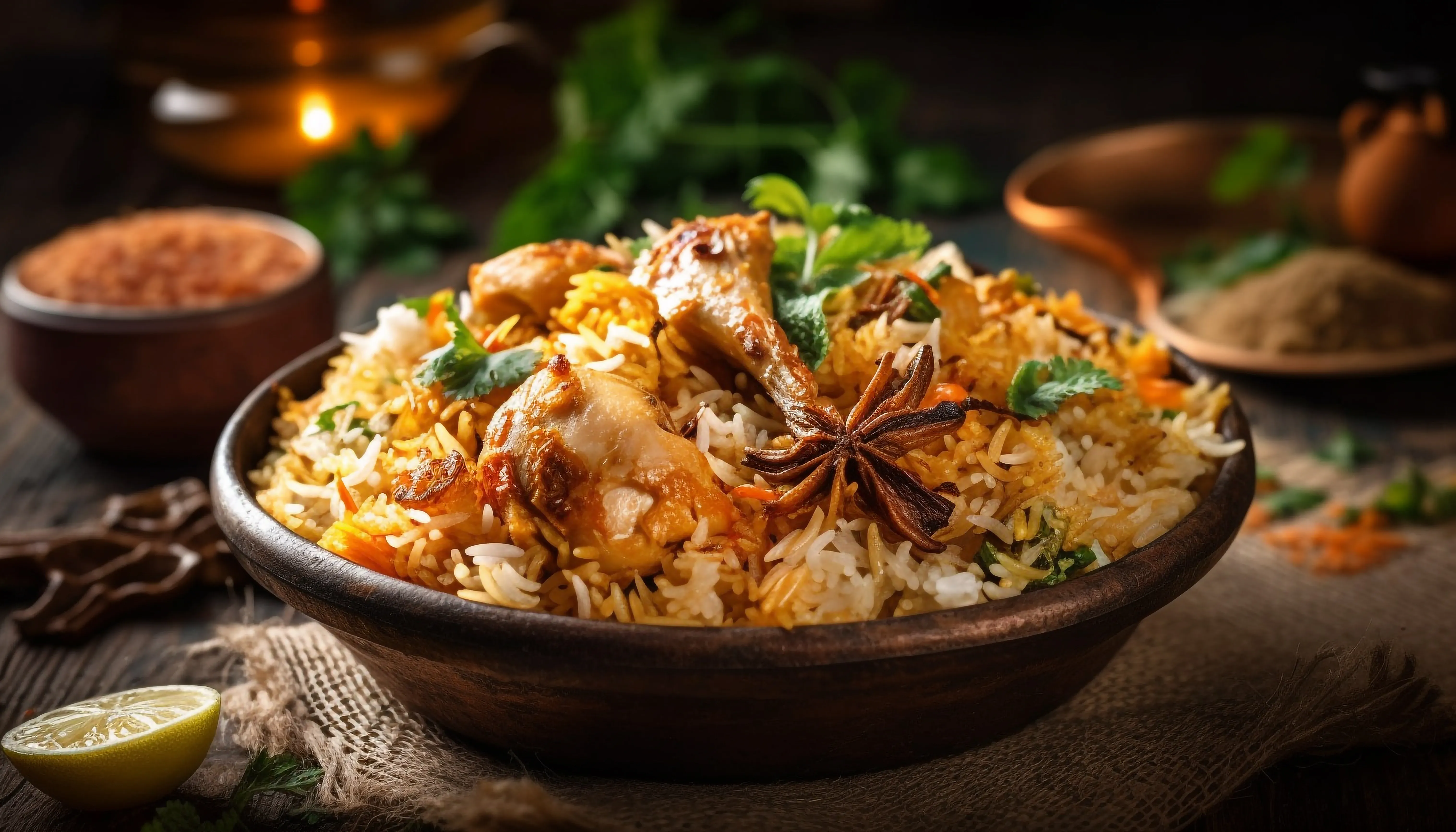 Gourmet chicken biryani with steamed basmati rice